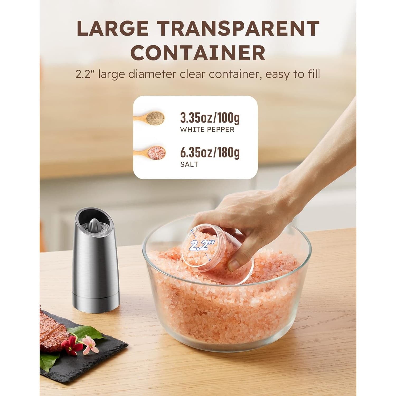 Electric Salt Pepper Grinder Set Gravity LED Adjustable Ceramic 6.5oz Large - Thumbnail 6