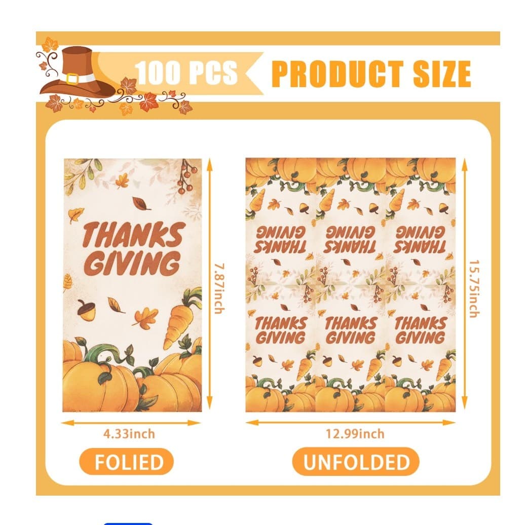 100 Thanksgiving Paper Napkins Pumpkin Fall Party Table Decor Disposable - Thumbnail 5