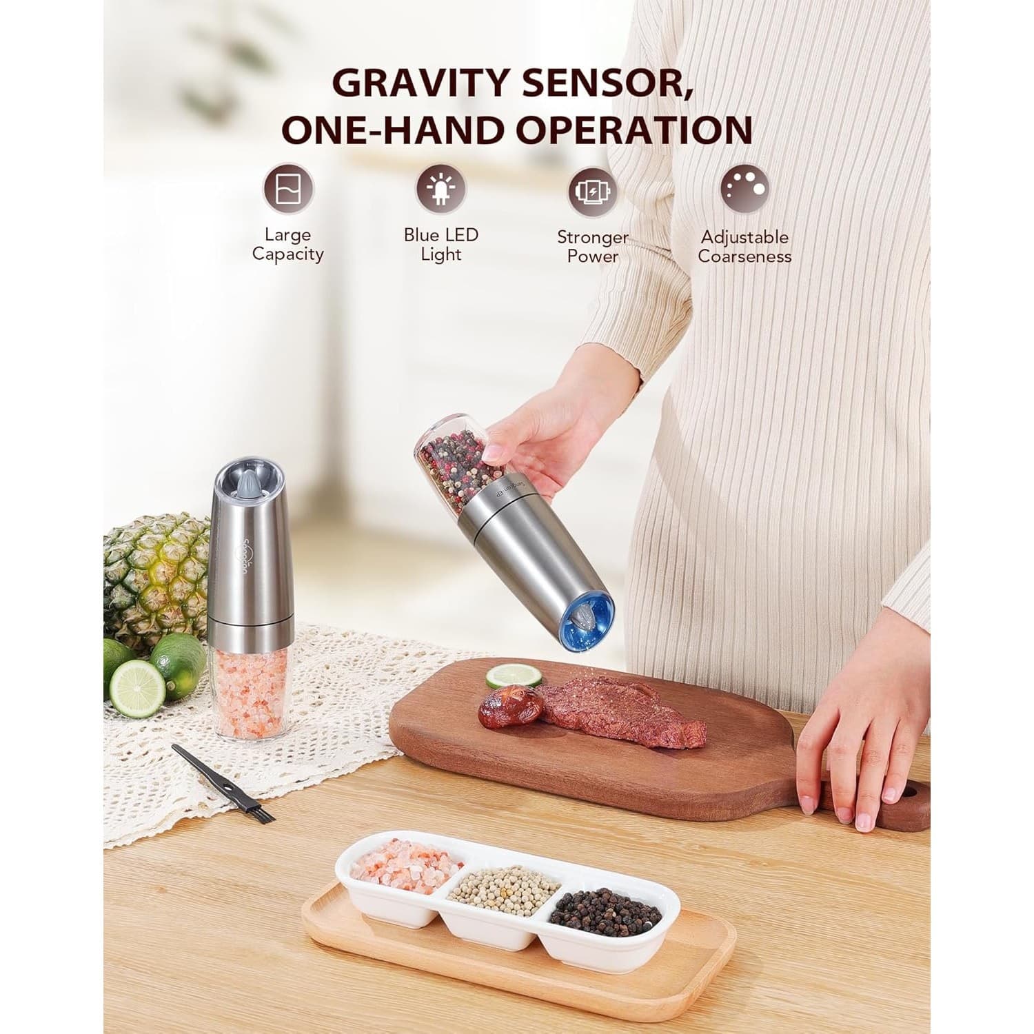 Electric Salt Pepper Grinder Set Gravity LED Adjustable Ceramic 6.5oz Large - Thumbnail 2