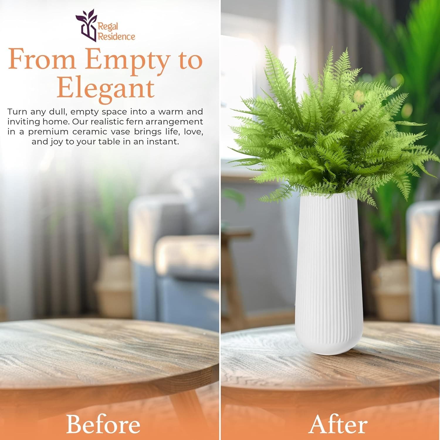 White Ceramic Vase w/ Artificial Fern Stems Set Modern Ribbed Home Decor - Thumbnail 7