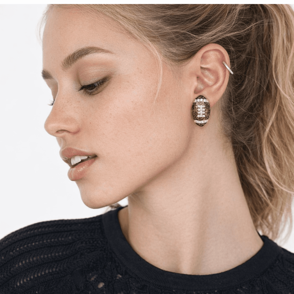 Football Rhinestone Stud Earrings Brown Sports Fan Game Day Jewelry Gift Women - Thumbnail 3