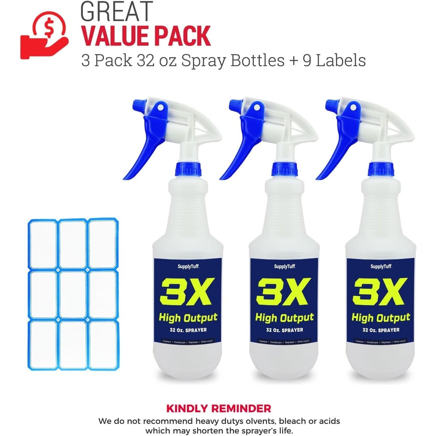 3 Pack 32oz Spray Bottles Heavy Duty Adjustable Nozzle Leak Proof Cleaning - Thumbnail 3