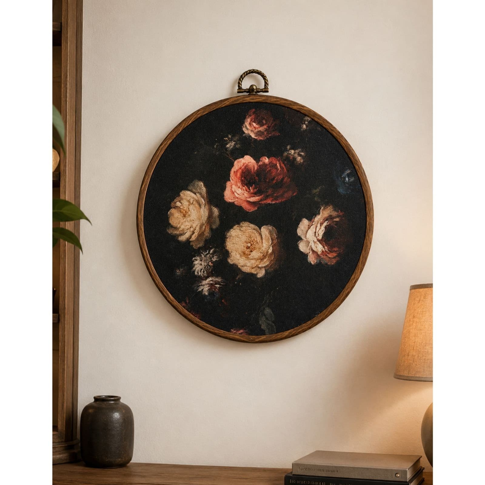 Vintage Floral Round Wall Art 10” Wooden Frame Dark Cottagecore Decor - Thumbnail 2