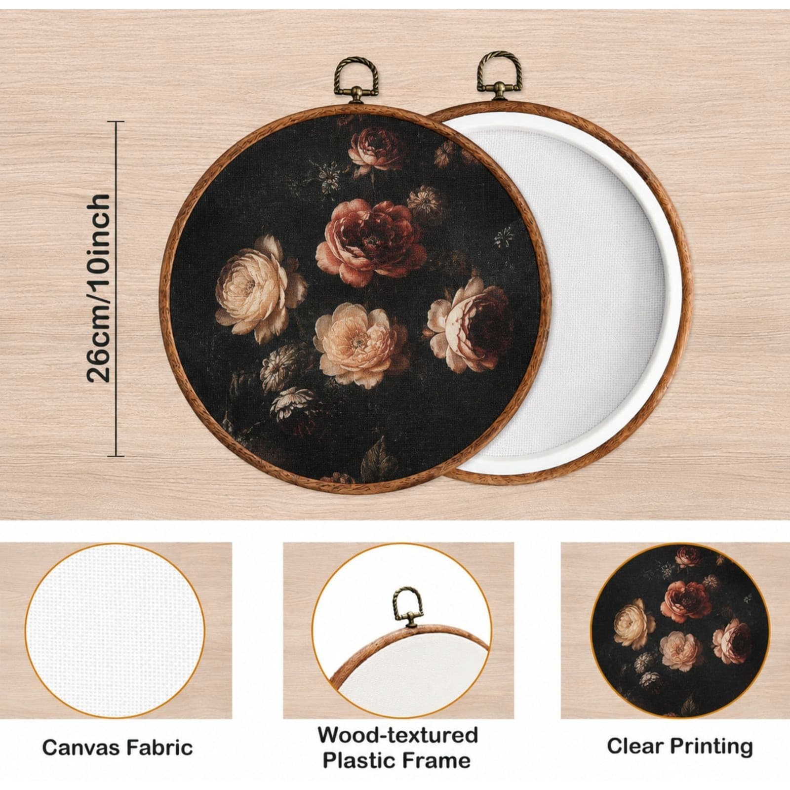 Vintage Floral Round Wall Art 10” Wooden Frame Dark Cottagecore Decor - Thumbnail 3
