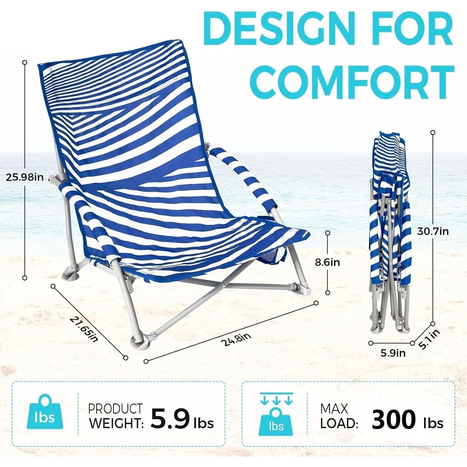 Beach Chair Backpack Folding Low Sand Chair High Back Portable 300 lbs Blue - Thumbnail 3