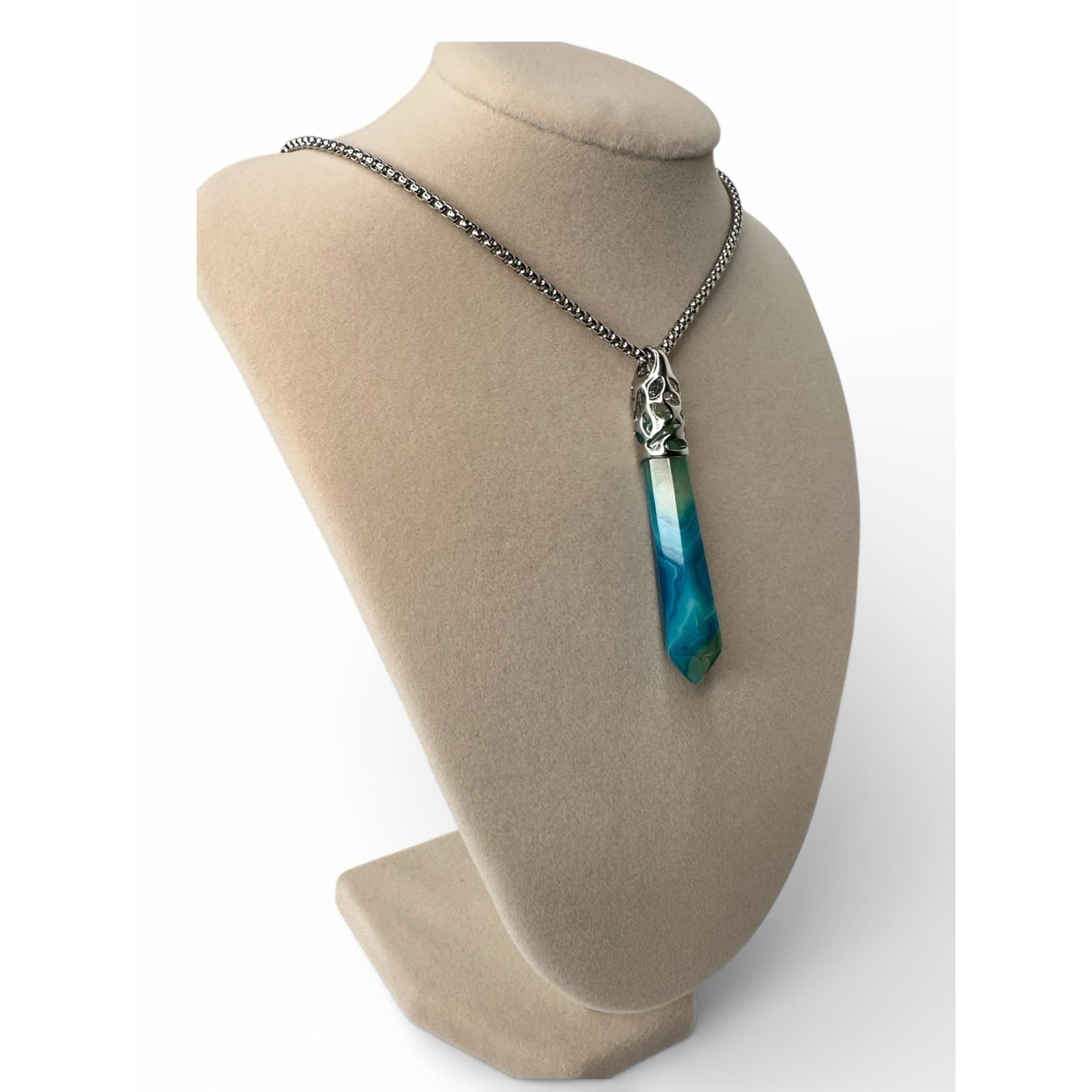 Blue Brazilian Agate Crystal Point Necklace 20” Chain Healing Stone Pendant - Thumbnail 3