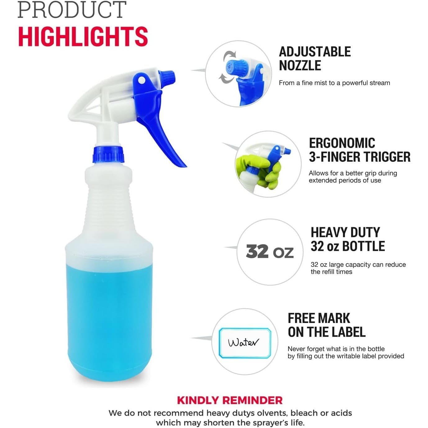 3 Pack 32oz Spray Bottles Heavy Duty Adjustable Nozzle Leak Proof Cleaning - Thumbnail 5