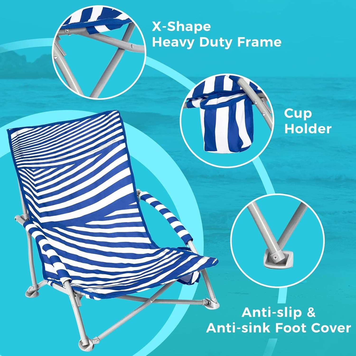Beach Chair Backpack Folding Low Sand Chair High Back Portable 300 lbs Blue - Thumbnail 5