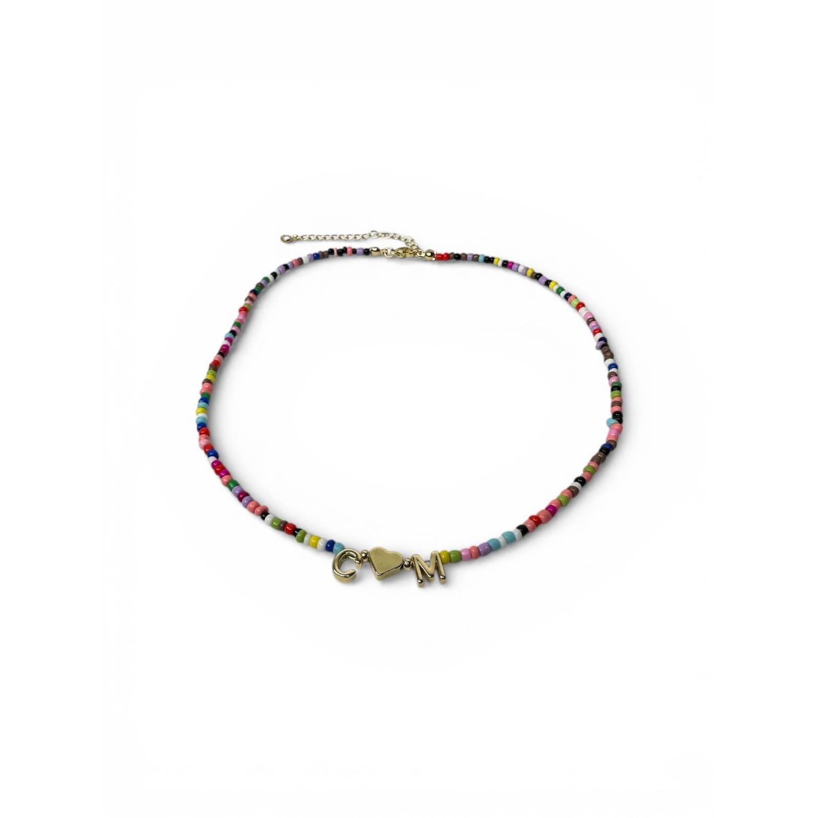 C M Heart Initial Beaded Necklace Gold Plated Adjustable Choker - Thumbnail 5