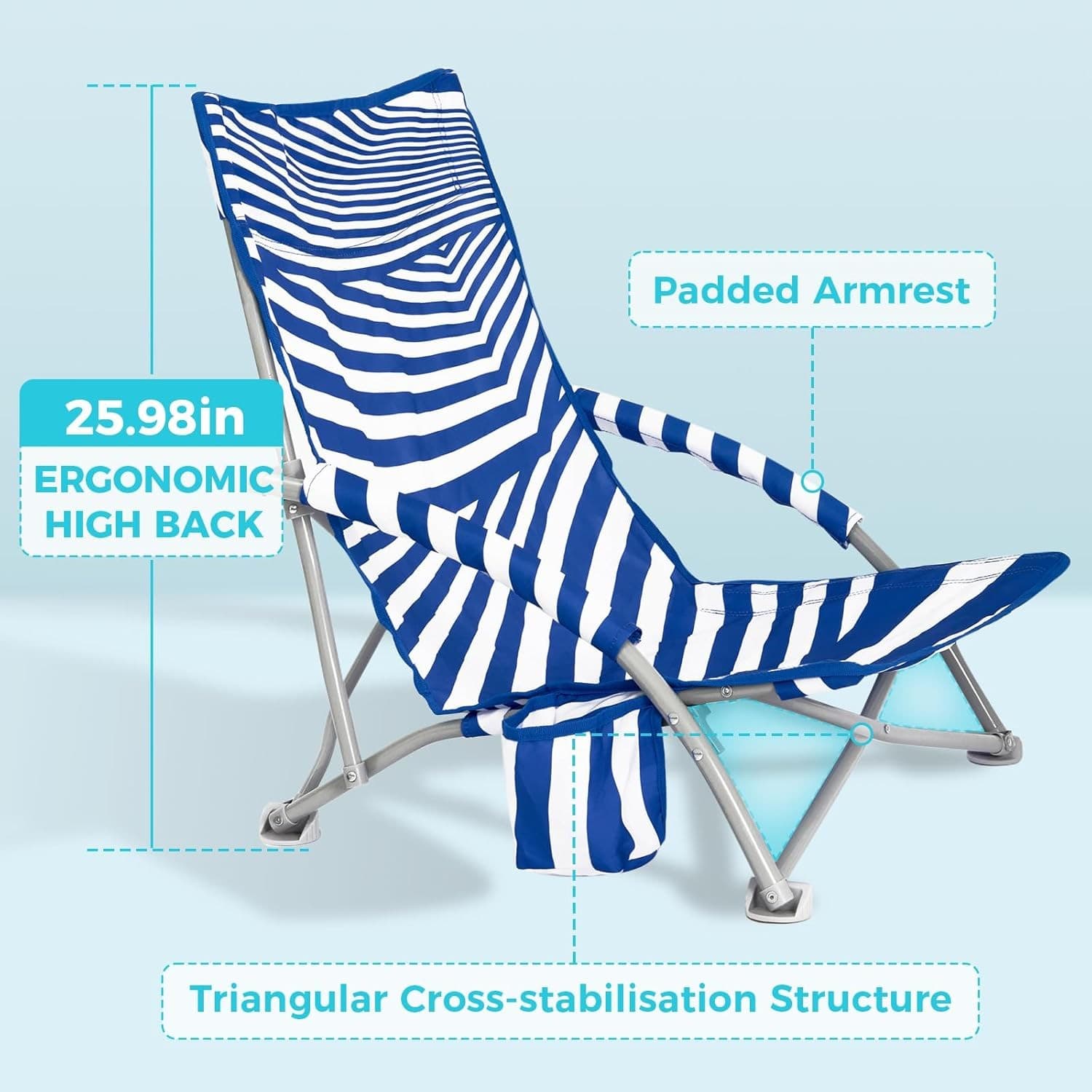 Beach Chair Backpack Folding Low Sand Chair High Back Portable 300 lbs Blue - Thumbnail 4