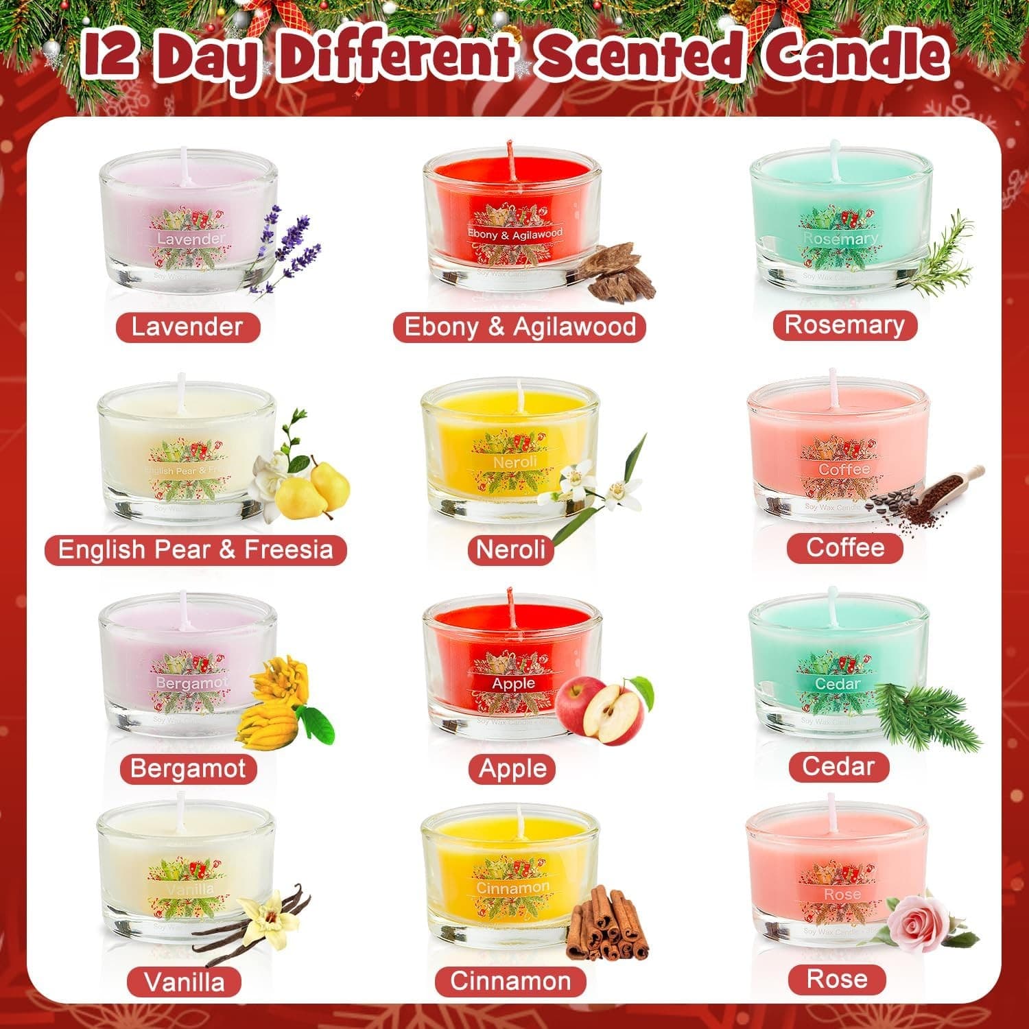 12 Mini Scented Candle Gift Set Soy Wax Christmas Advent Calendar Holiday Gift - Thumbnail 3