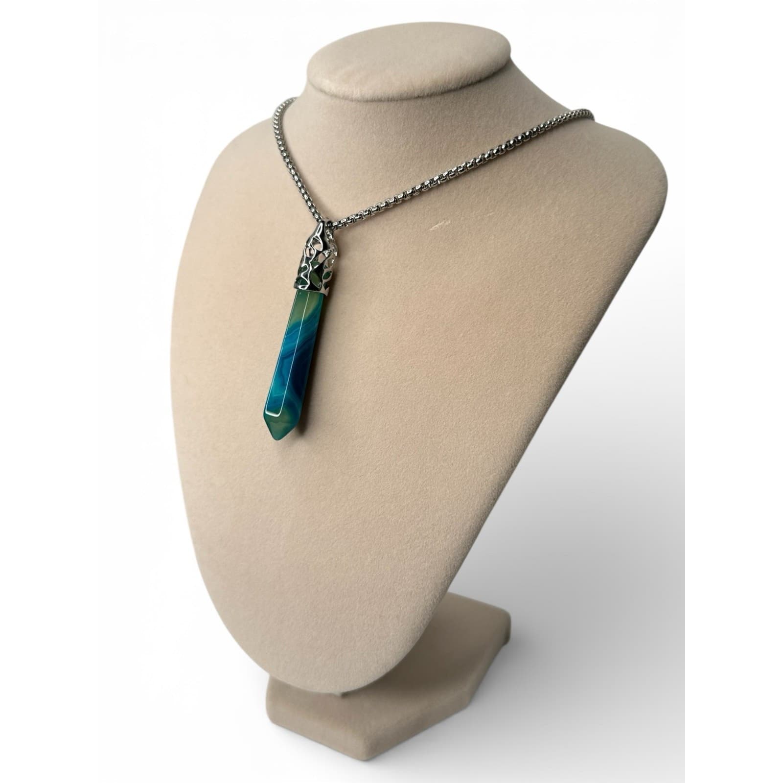 Blue Brazilian Agate Crystal Point Necklace 20” Chain Healing Stone Pendant - Thumbnail 4