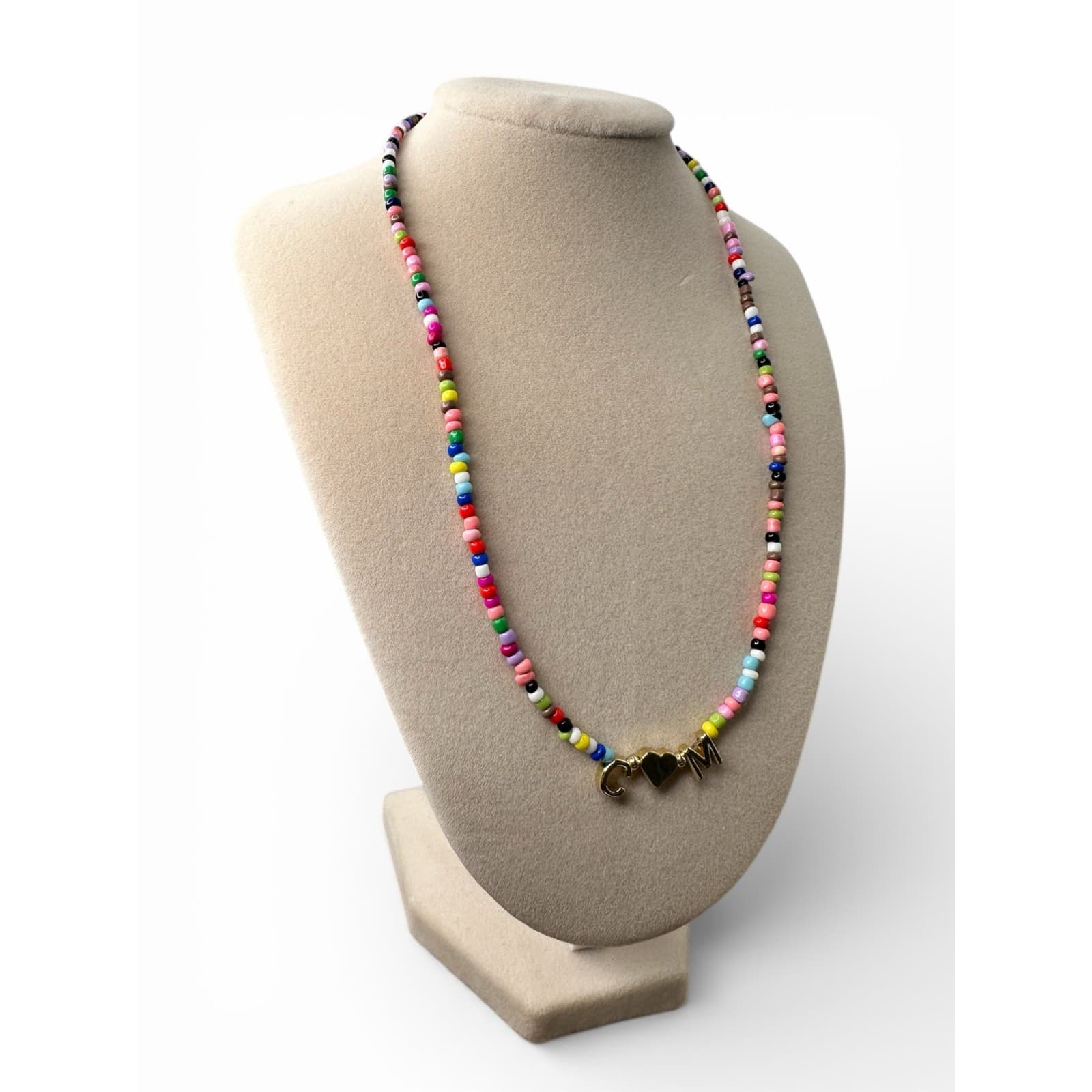 C M Heart Initial Beaded Necklace Gold Plated Adjustable Choker - Thumbnail 3