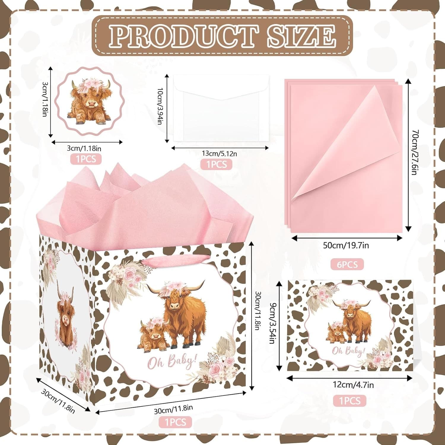 Extra Large Baby Girl Gift Bag Highland Cow Pink Boho Shower Set - Thumbnail 3