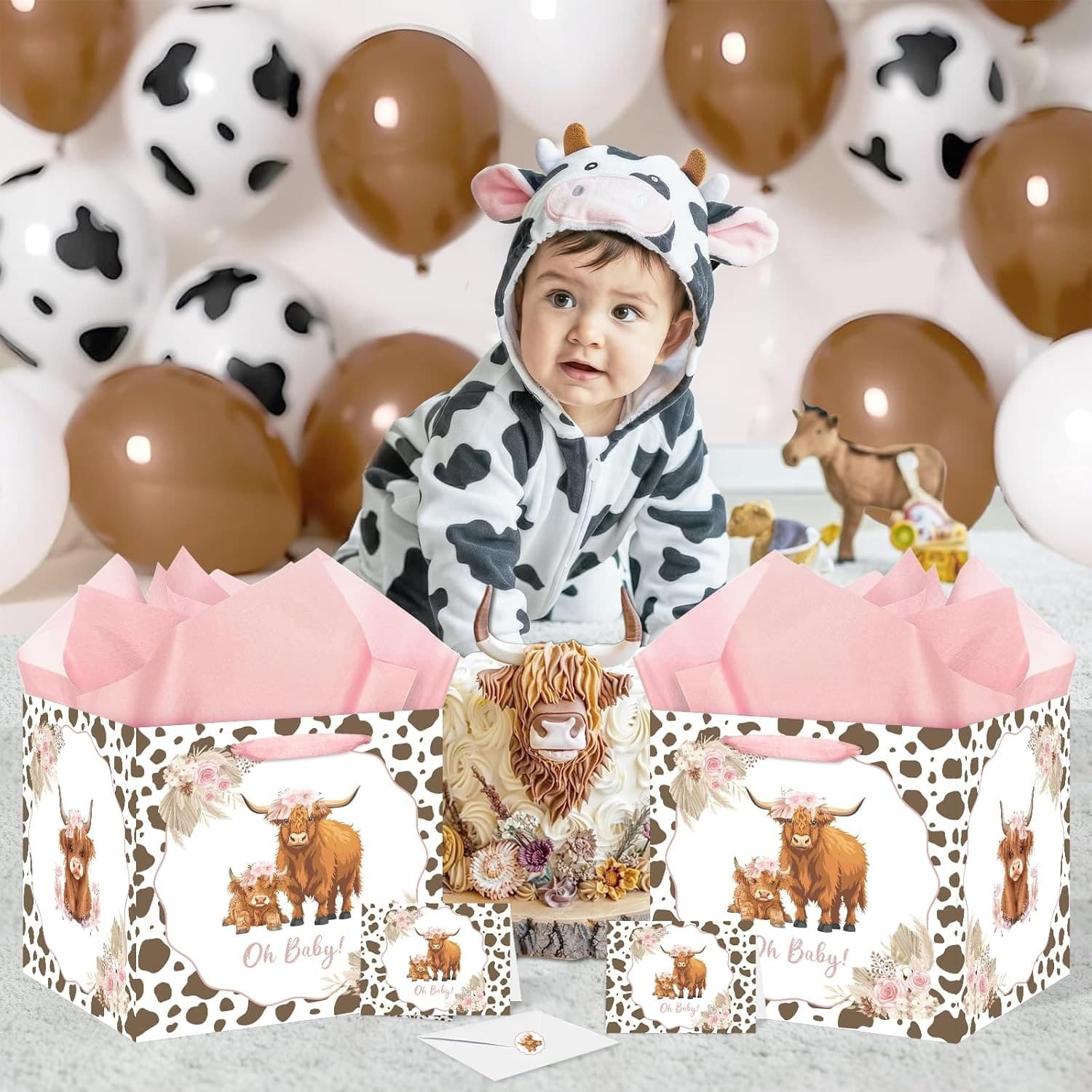 Extra Large Baby Girl Gift Bag Highland Cow Pink Boho Shower Set - Thumbnail 6