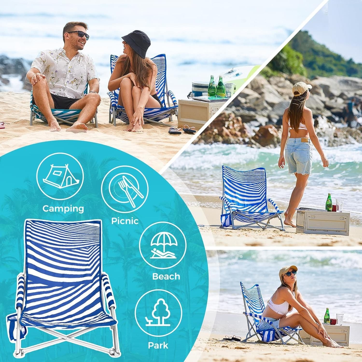 Beach Chair Backpack Folding Low Sand Chair High Back Portable 300 lbs Blue - Thumbnail 7