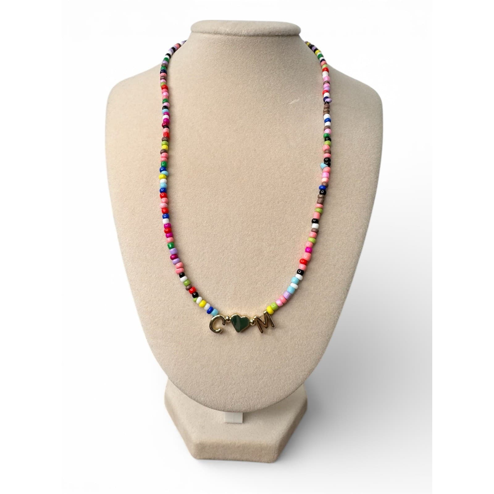 C M Heart Initial Beaded Necklace Gold Plated Adjustable Choker - Thumbnail 2