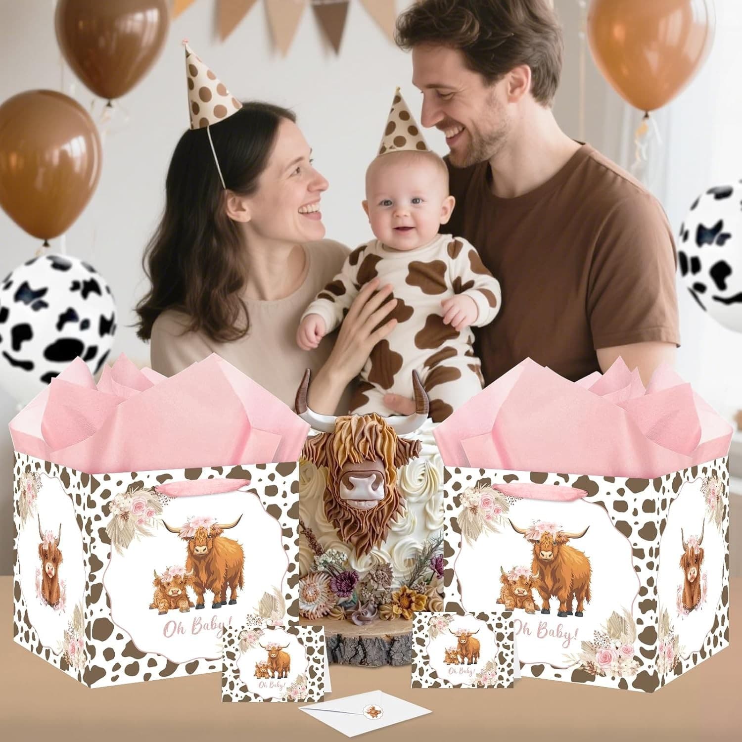 Extra Large Baby Girl Gift Bag Highland Cow Pink Boho Shower Set - Thumbnail 7
