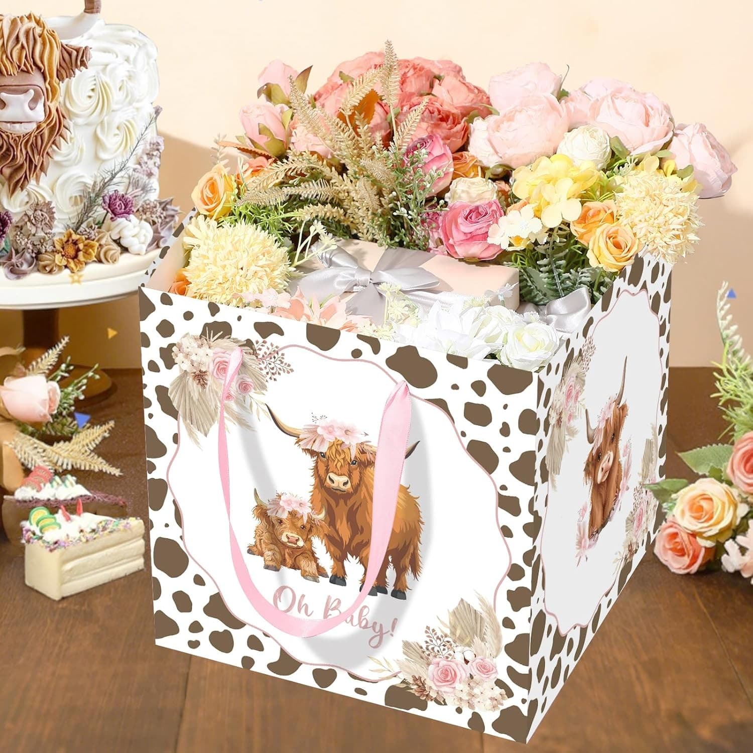 Extra Large Baby Girl Gift Bag Highland Cow Pink Boho Shower Set - Thumbnail 4