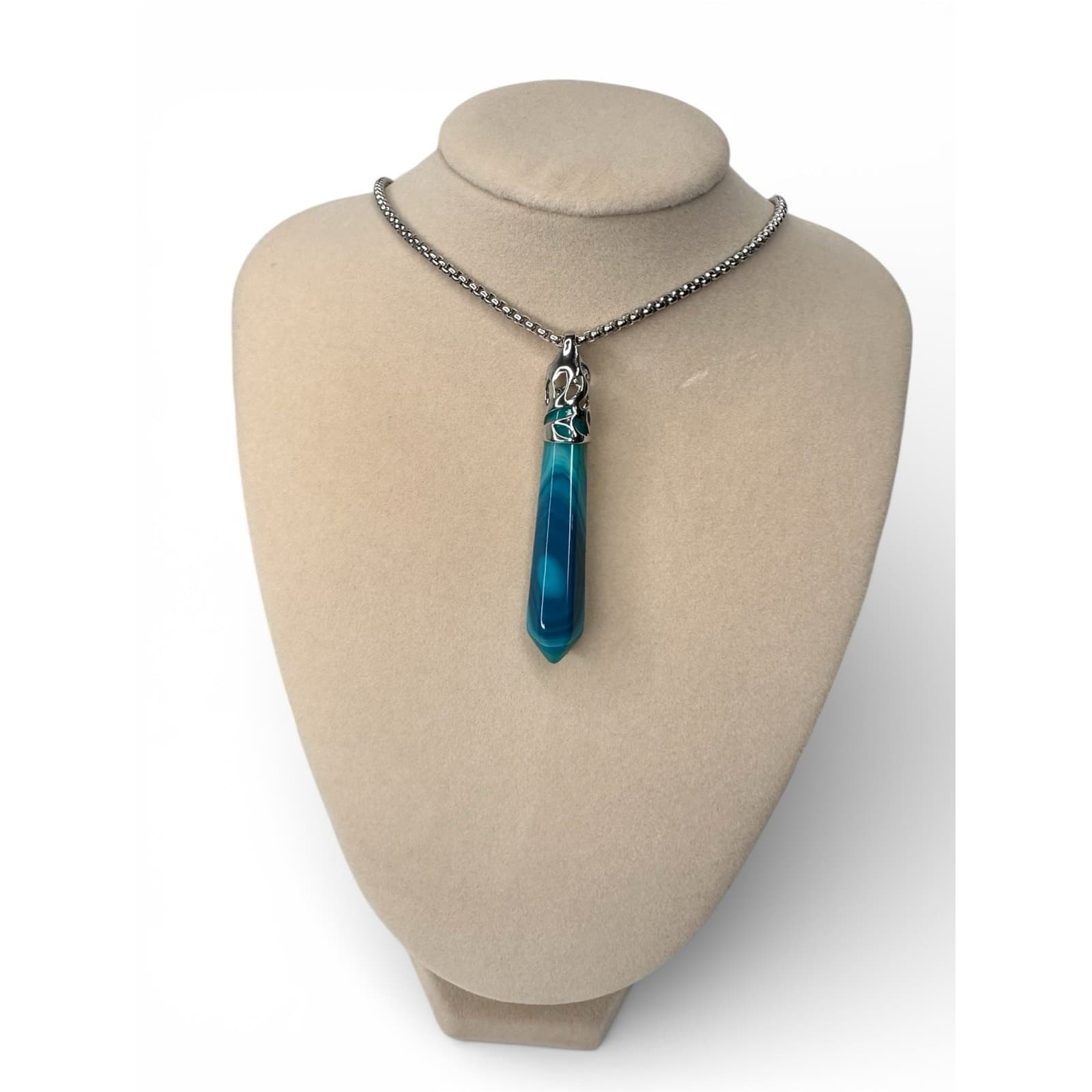 Blue Brazilian Agate Crystal Point Necklace 20” Chain Healing Stone Pendant - Thumbnail 5