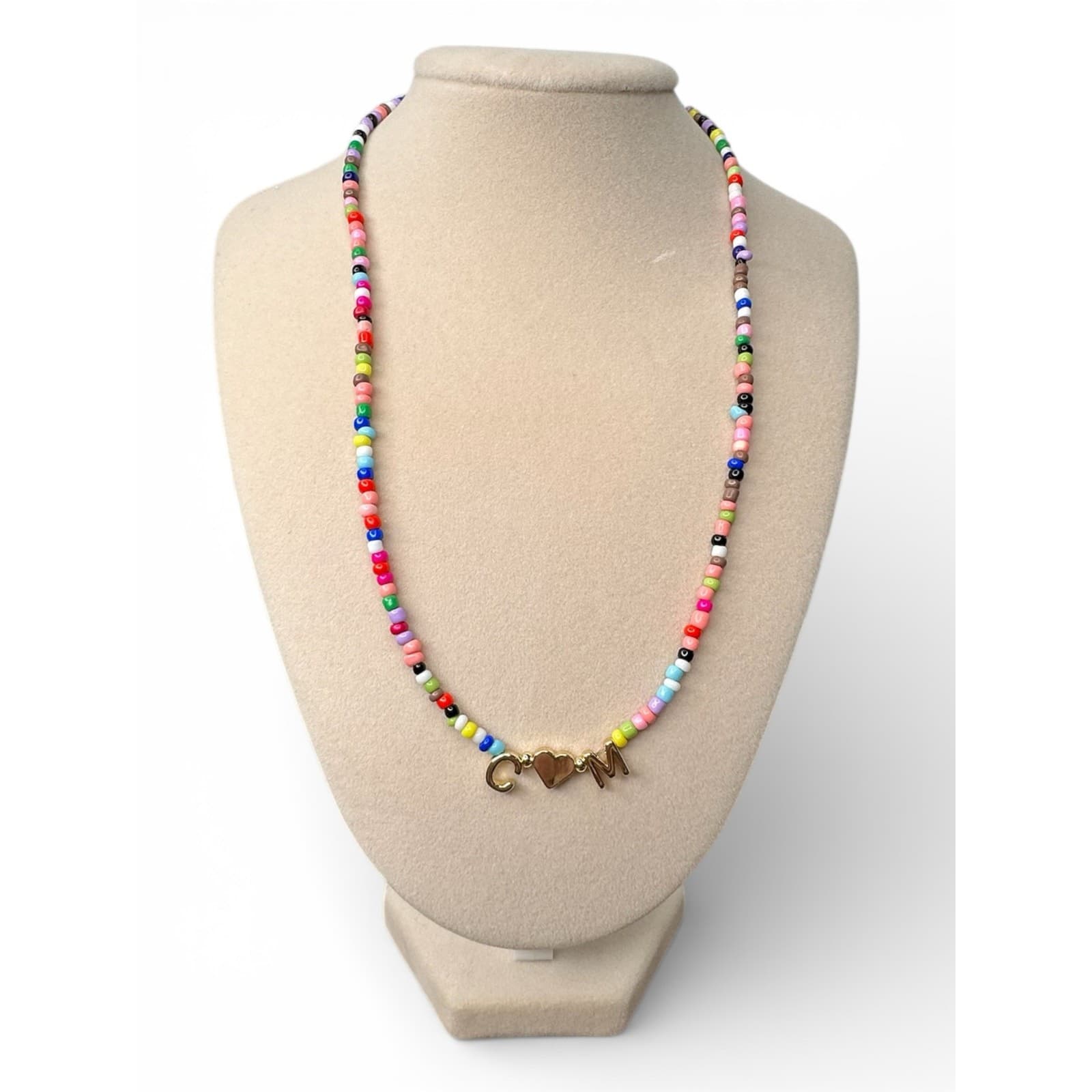 C M Heart Initial Beaded Necklace Gold Plated Adjustable Choker - Thumbnail 4