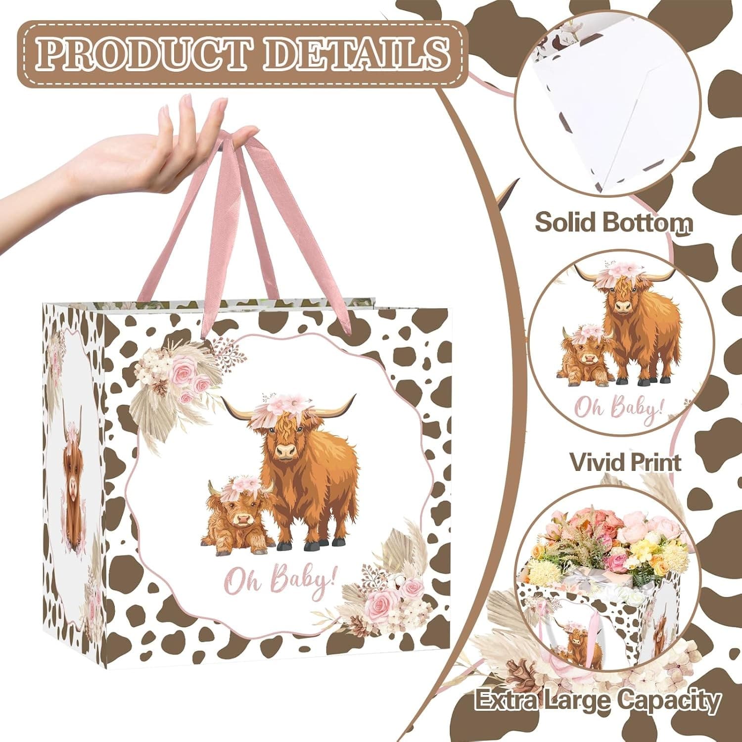Extra Large Baby Girl Gift Bag Highland Cow Pink Boho Shower Set - Thumbnail 2