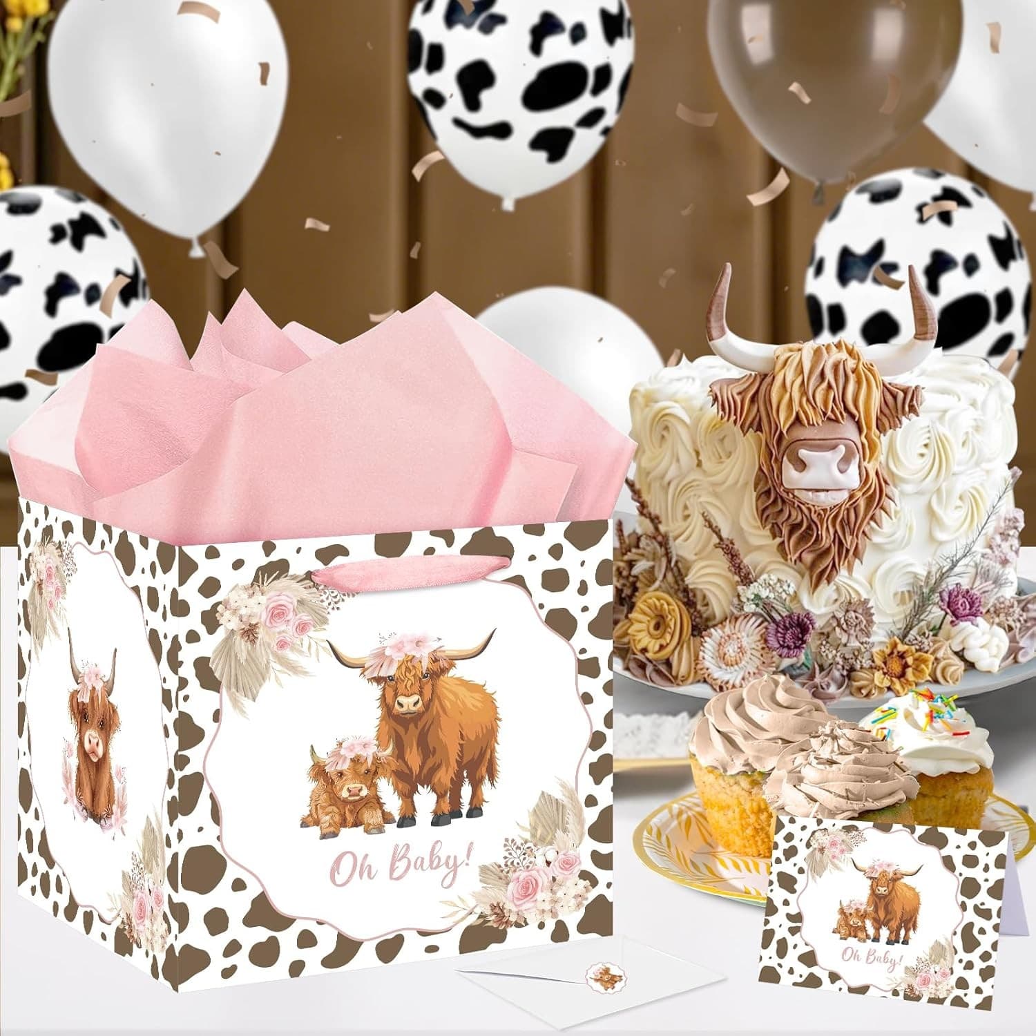 Extra Large Baby Girl Gift Bag Highland Cow Pink Boho Shower Set - Thumbnail 5