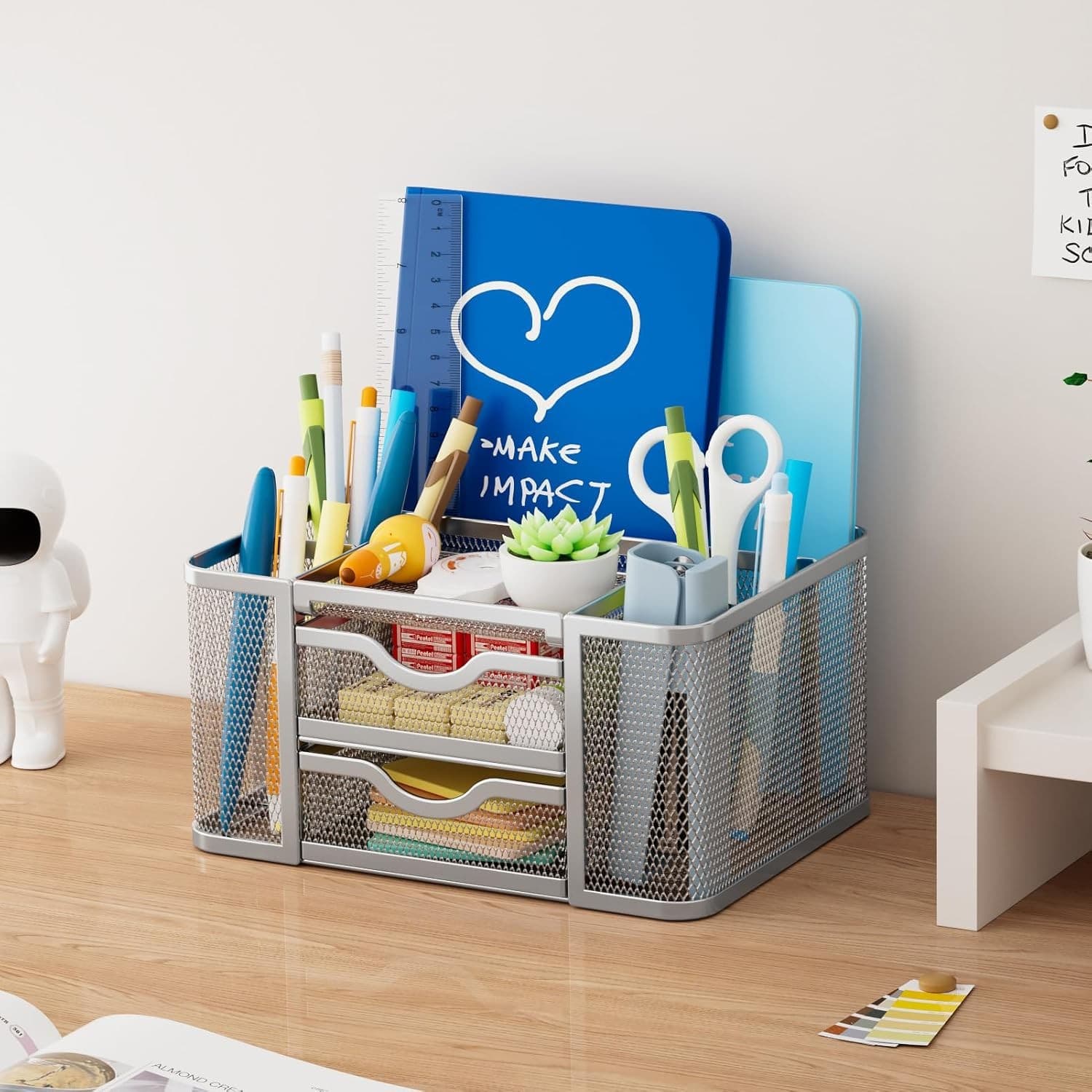 Desk Organizer Mesh 2 Drawers Pen Holder 5 Slots Office Storage Silver - Thumbnail 2