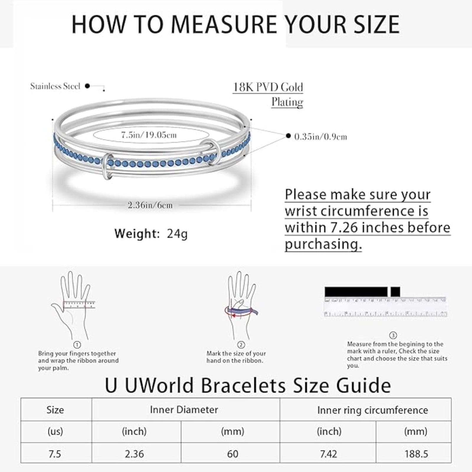 Stackable Silver Blue Zirconia Bangle Bracelet 18K Plated Stainless Steel - Thumbnail 3