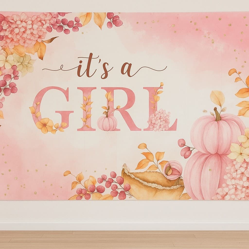 It’s a Girl Baby Shower Backdrop 7x5ft Fall Pumpkin Floral Polyester Fabric Deco - Thumbnail 3