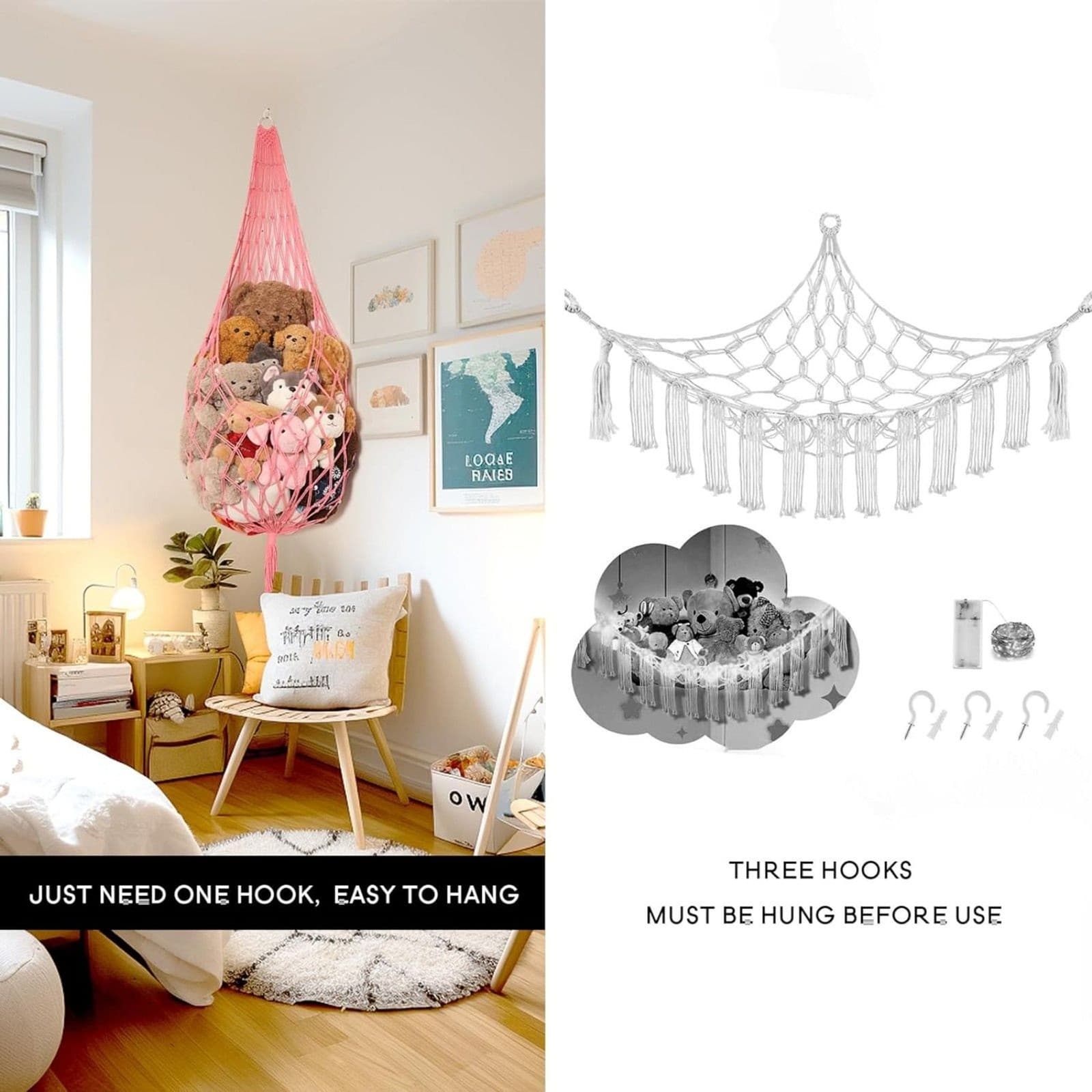 Stuffed Animal Hammock Corner Net Pink XXL Macrame Plush Toy Storage Wall Holder - Thumbnail 9