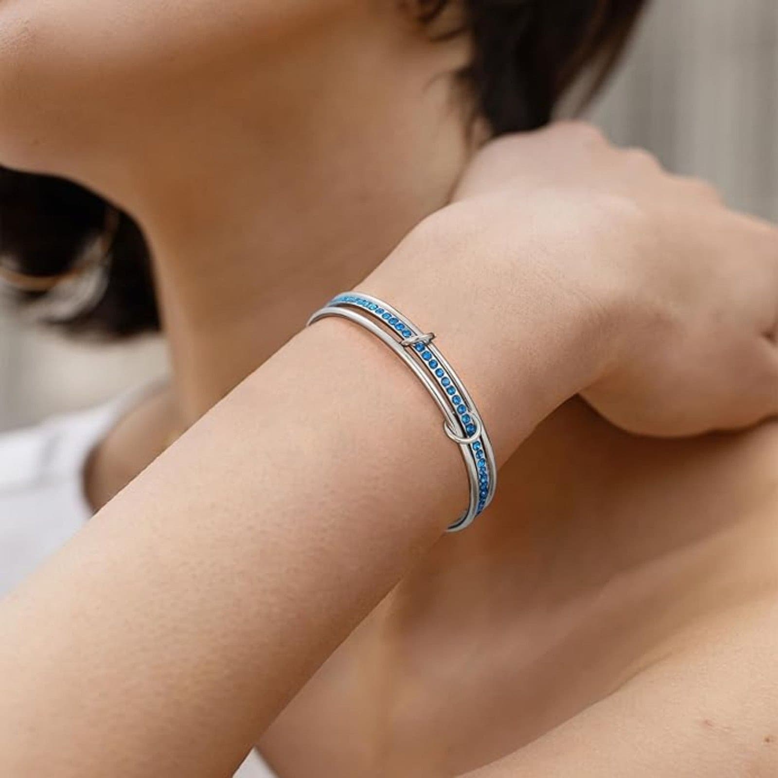 Stackable Silver Blue Zirconia Bangle Bracelet 18K Plated Stainless Steel - Thumbnail 2