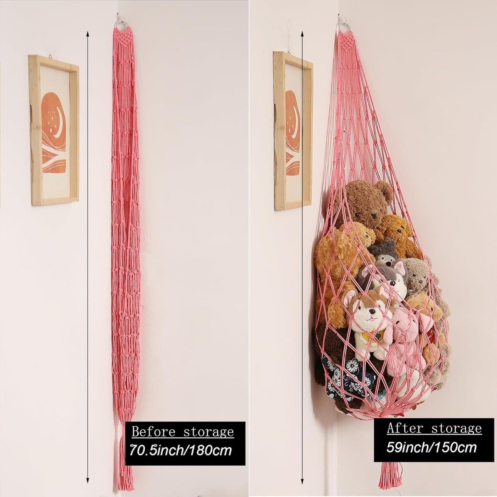 Stuffed Animal Hammock Corner Net Pink XXL Macrame Plush Toy Storage Wall Holder - Thumbnail 7