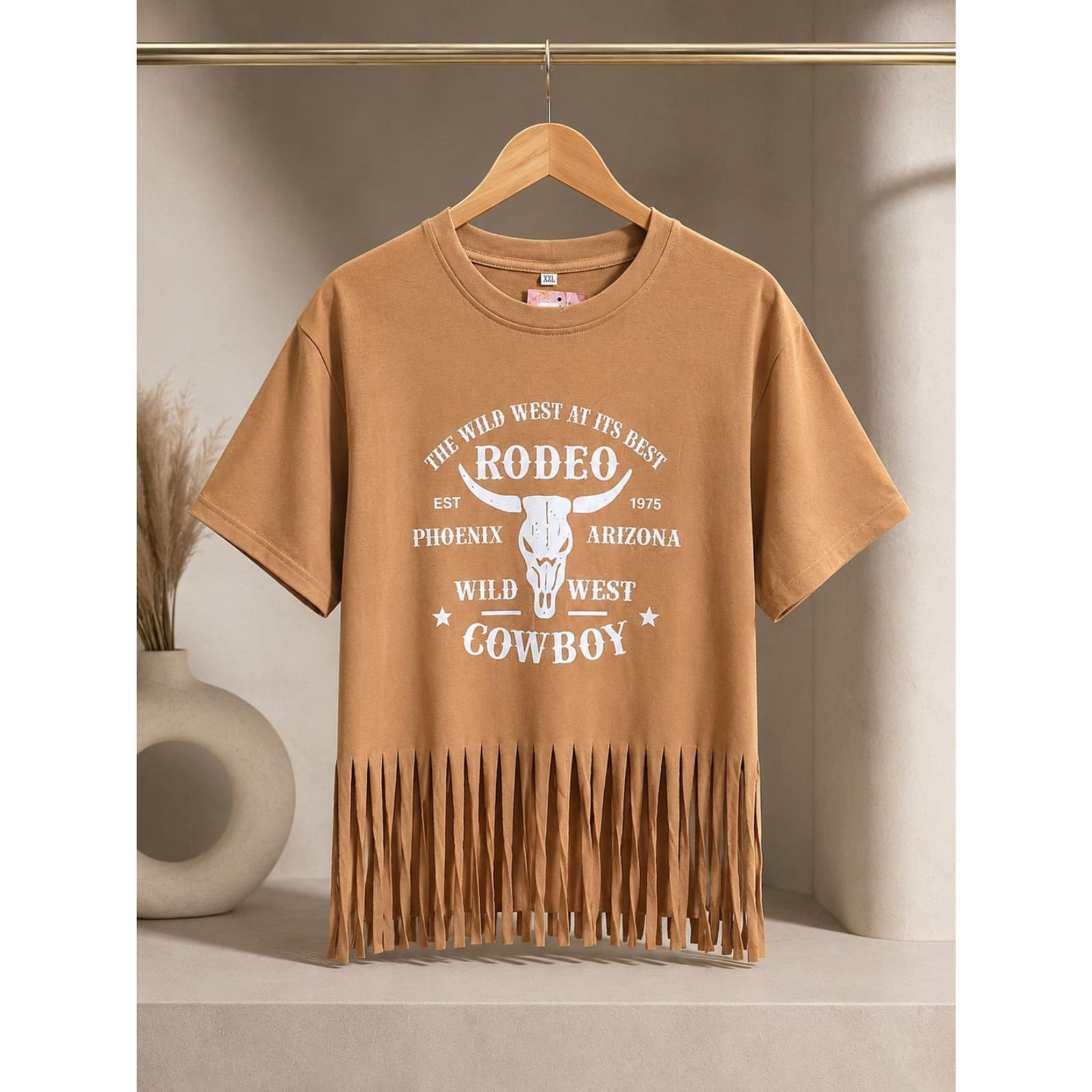 Western Cowgirl Fringe T Shirt Women Rodeo Cowboy Tee Khaki XXL - Thumbnail 2