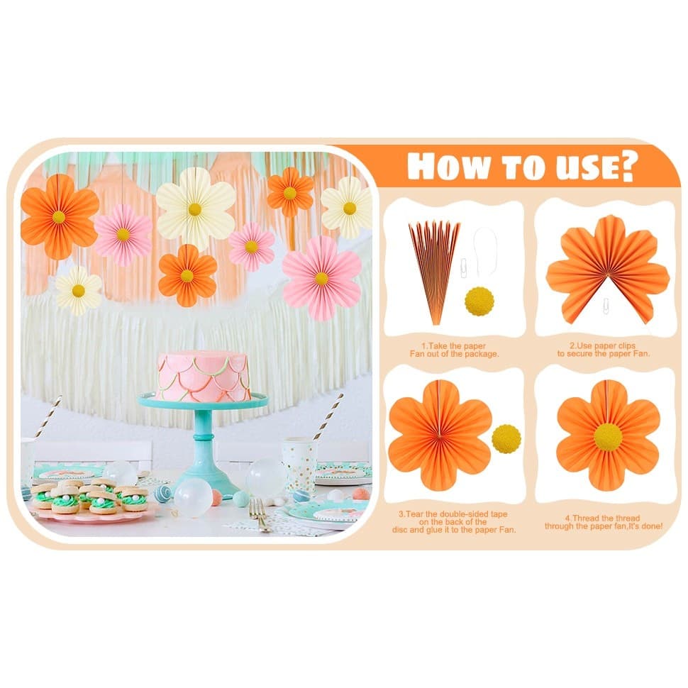 9PCS Paper Flower Decorations Pink Orange Wall Fans Party Baby Shower Backdrop - Thumbnail 7