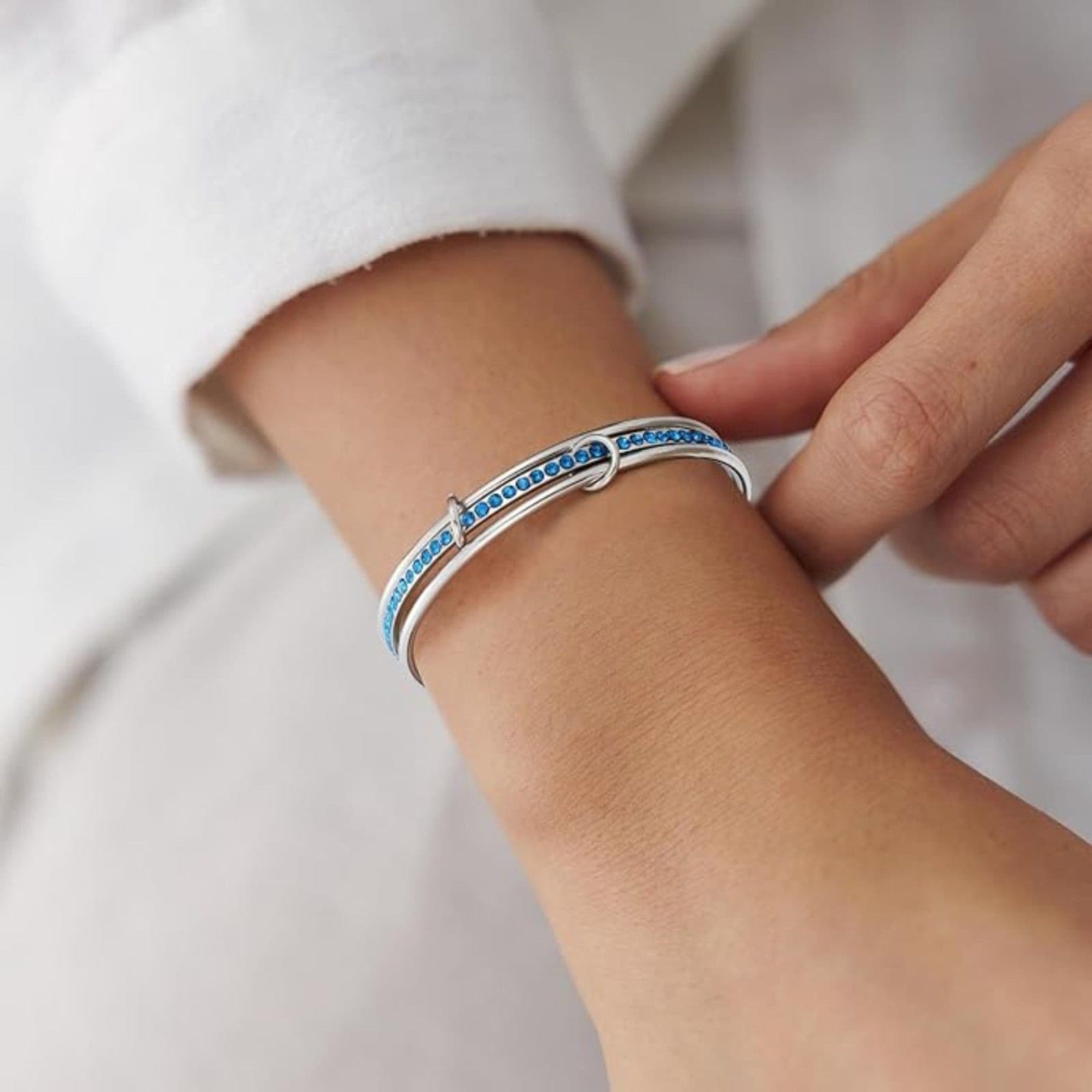 Stackable Silver Blue Zirconia Bangle Bracelet 18K Plated Stainless Steel - Thumbnail 4