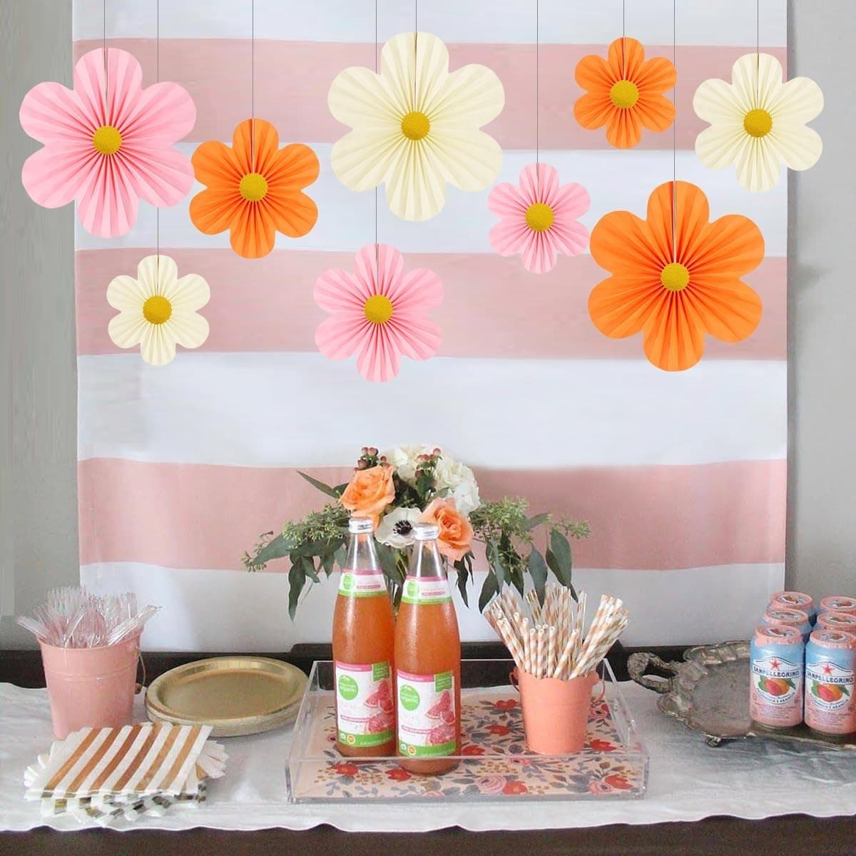 9PCS Paper Flower Decorations Pink Orange Wall Fans Party Baby Shower Backdrop - Thumbnail 6