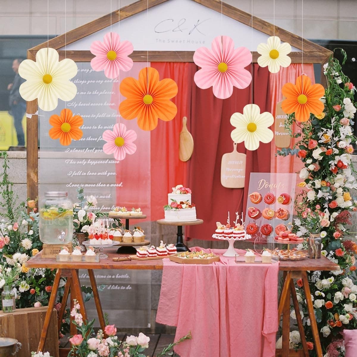 9PCS Paper Flower Decorations Pink Orange Wall Fans Party Baby Shower Backdrop - Thumbnail 4