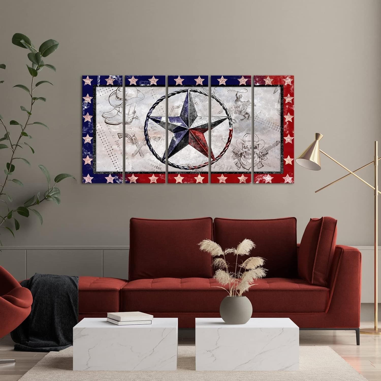 Texas Canvas Wall Art 5 Piece Western Star Cowboy Decor 60x32 Ready Hang - Thumbnail 7