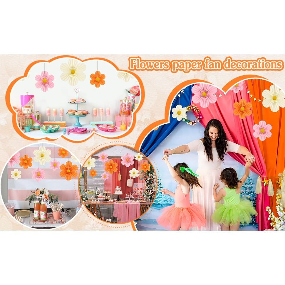 9PCS Paper Flower Decorations Pink Orange Wall Fans Party Baby Shower Backdrop - Thumbnail 8
