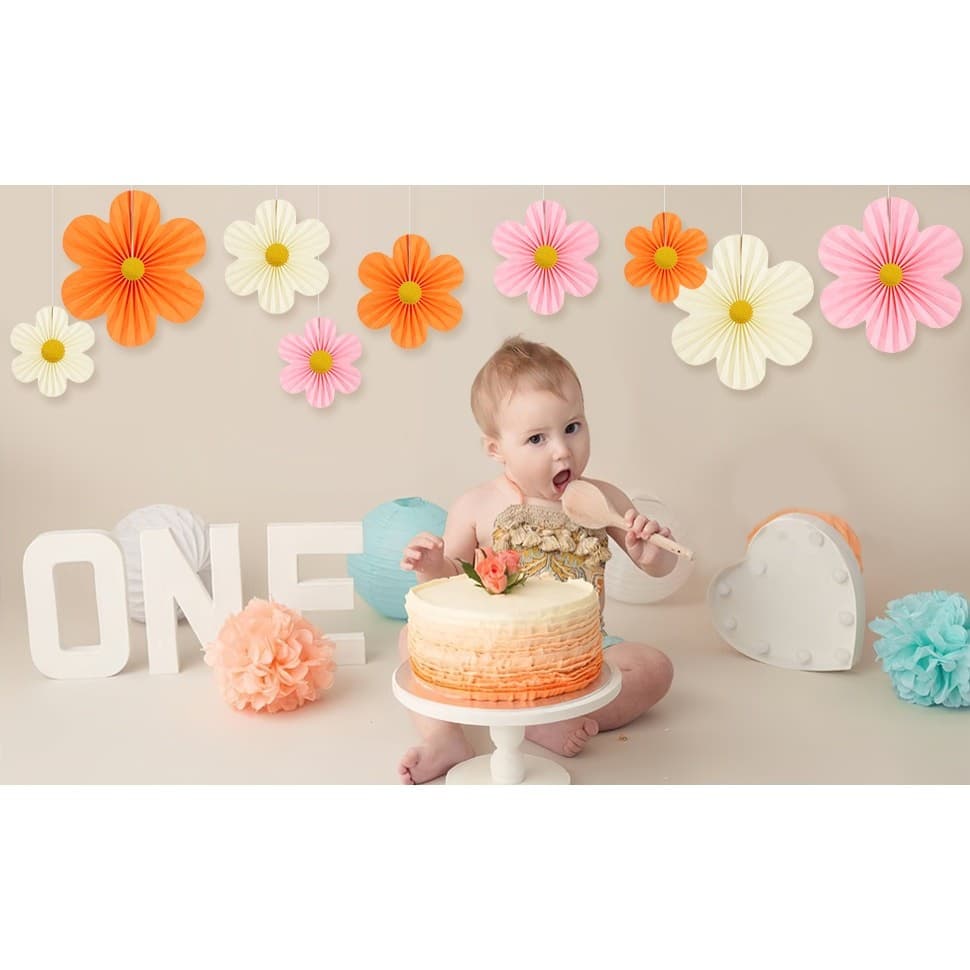 9PCS Paper Flower Decorations Pink Orange Wall Fans Party Baby Shower Backdrop - Thumbnail 9