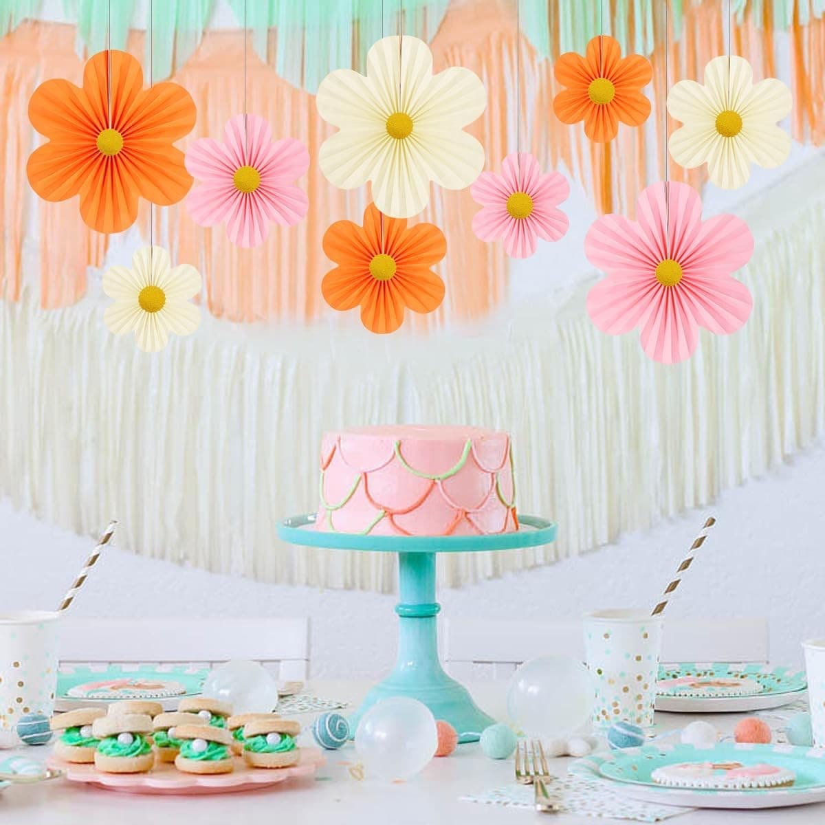 9PCS Paper Flower Decorations Pink Orange Wall Fans Party Baby Shower Backdrop - Thumbnail 3