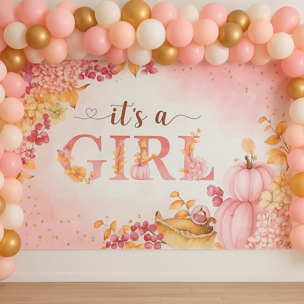 It’s a Girl Baby Shower Backdrop 7x5ft Fall Pumpkin Floral Polyester Fabric Deco - Thumbnail 4