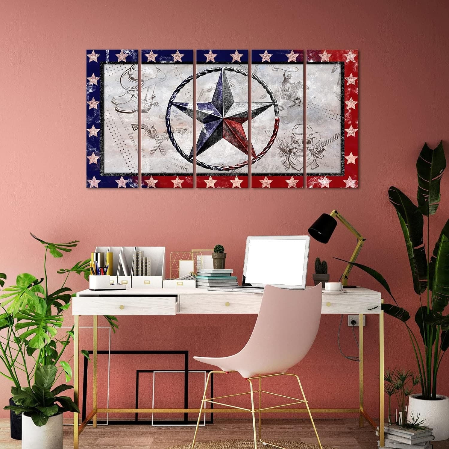 Texas Canvas Wall Art 5 Piece Western Star Cowboy Decor 60x32 Ready Hang - Thumbnail 4