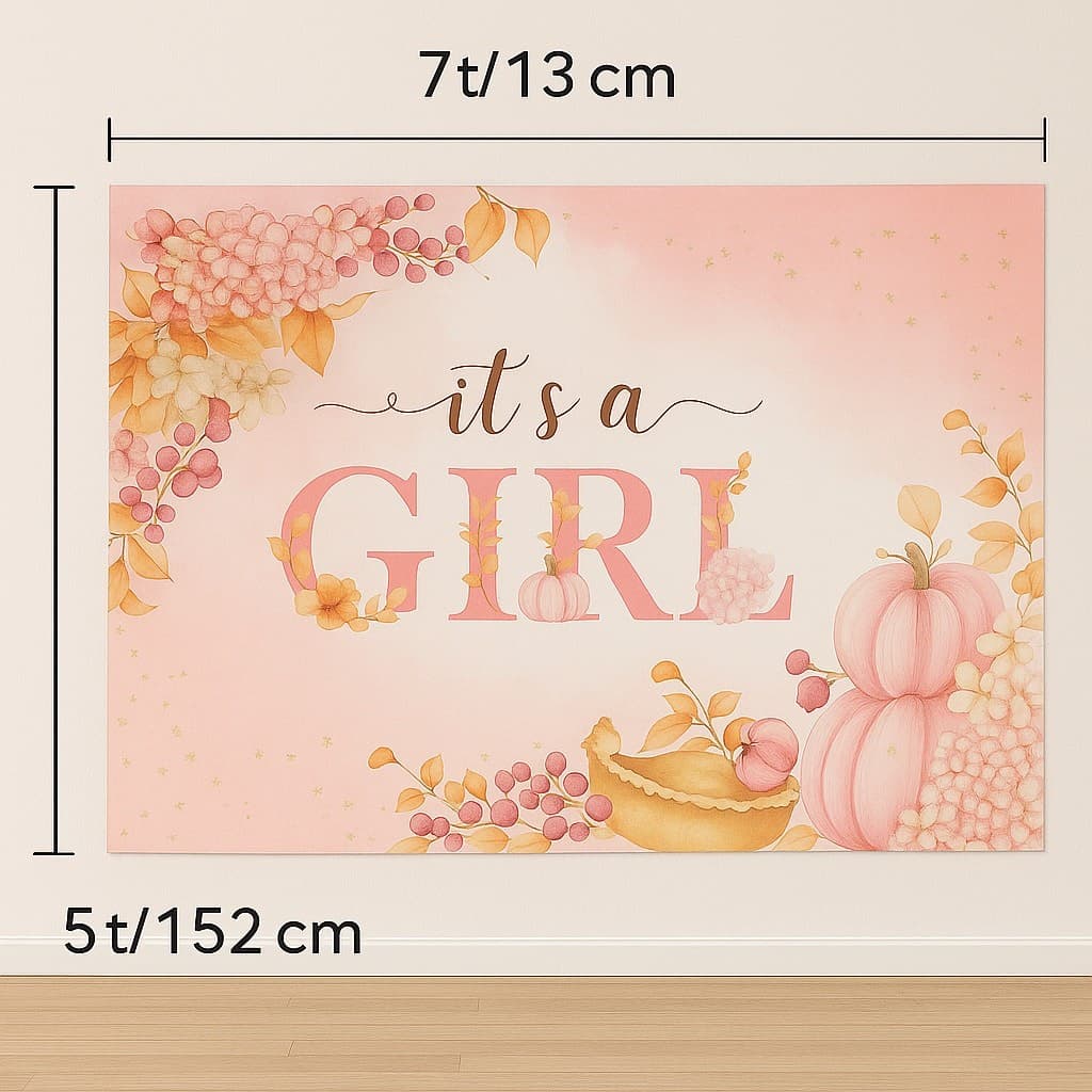 It’s a Girl Baby Shower Backdrop 7x5ft Fall Pumpkin Floral Polyester Fabric Deco - Thumbnail 2
