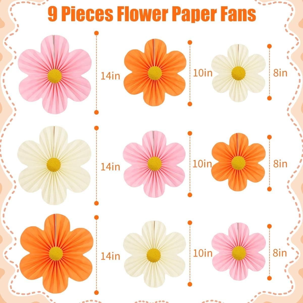 9PCS Paper Flower Decorations Pink Orange Wall Fans Party Baby Shower Backdrop - Thumbnail 2