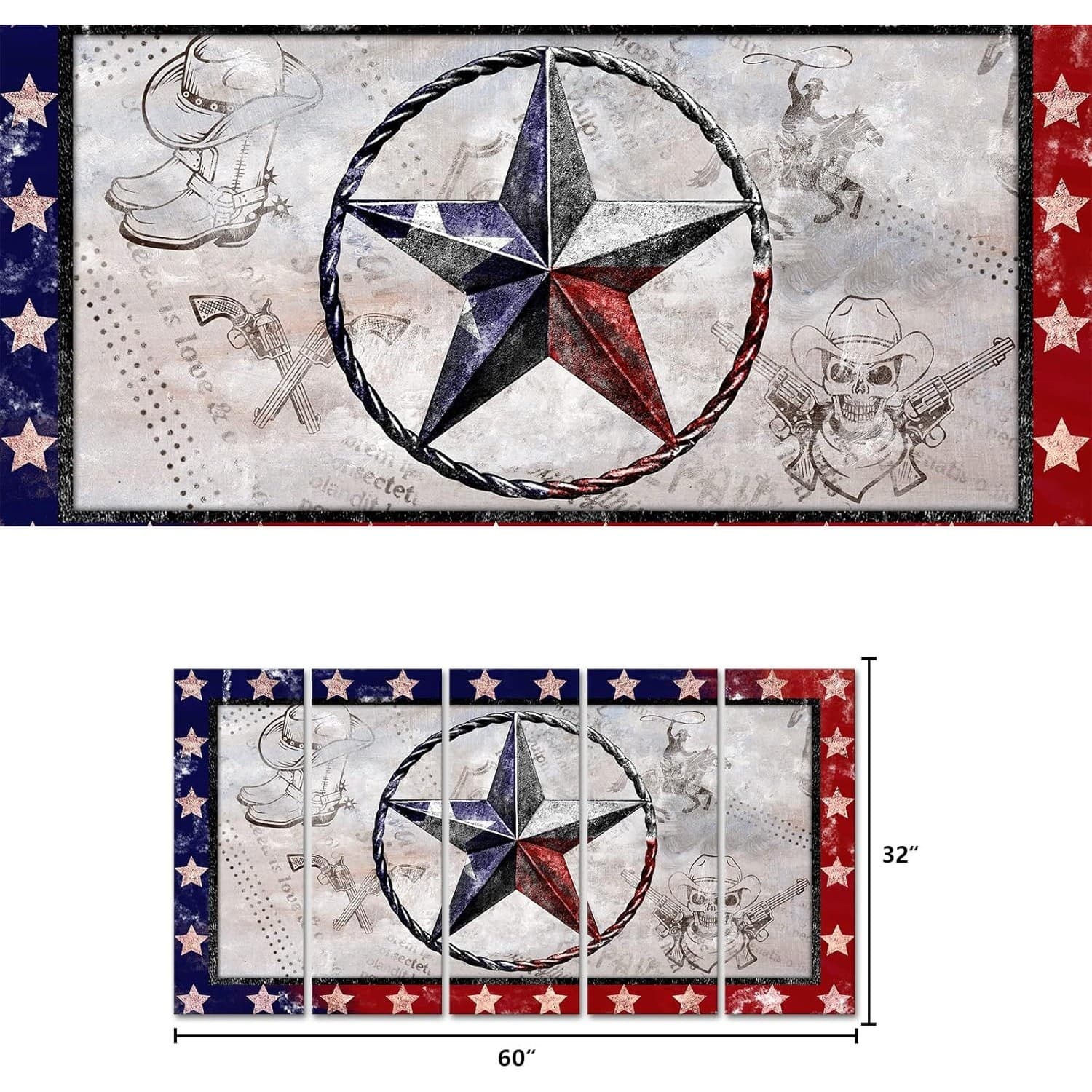 Texas Canvas Wall Art 5 Piece Western Star Cowboy Decor 60x32 Ready Hang - Thumbnail 6
