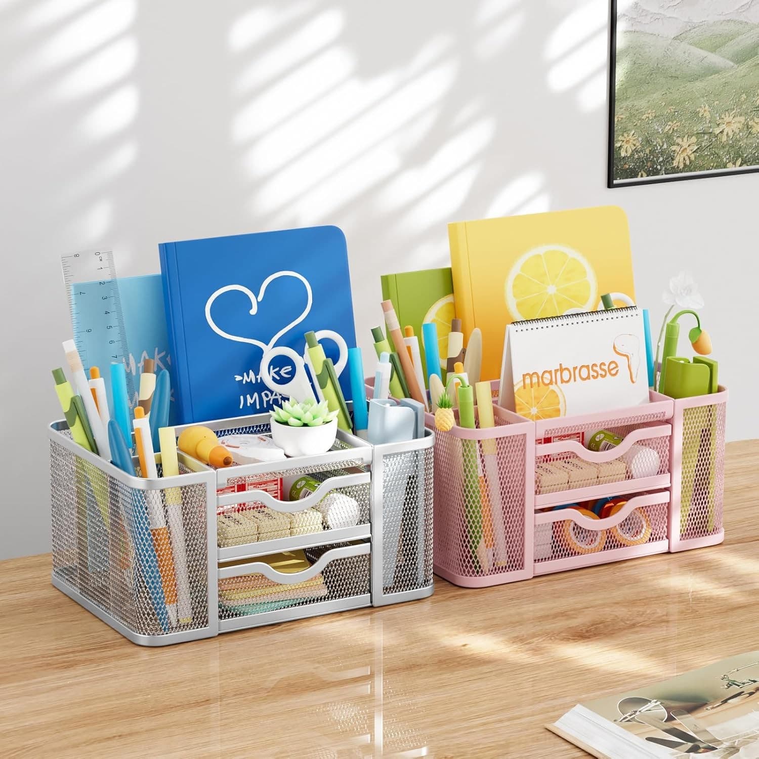 Desk Organizer Mesh 2 Drawers Pen Holder 5 Slots Office Storage Silver - Thumbnail 3