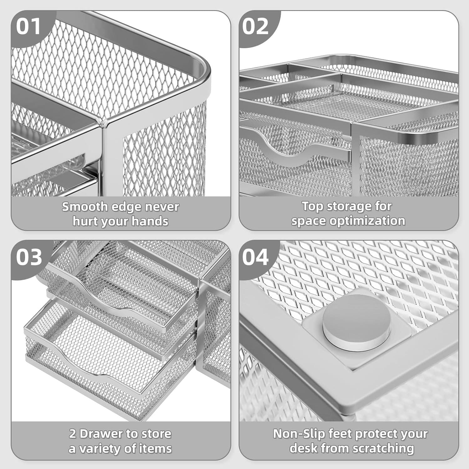 Desk Organizer Mesh 2 Drawers Pen Holder 5 Slots Office Storage Silver - Thumbnail 4