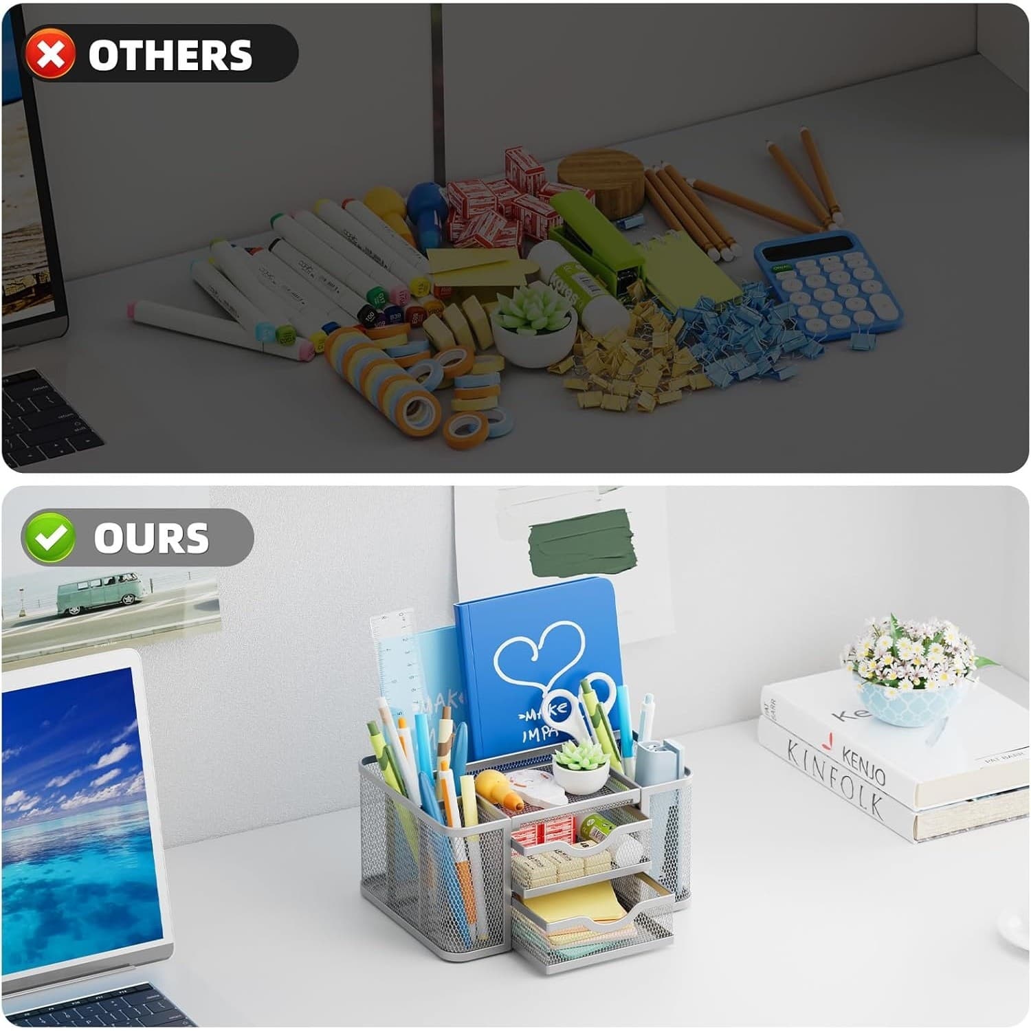 Desk Organizer Mesh 2 Drawers Pen Holder 5 Slots Office Storage Silver - Thumbnail 6